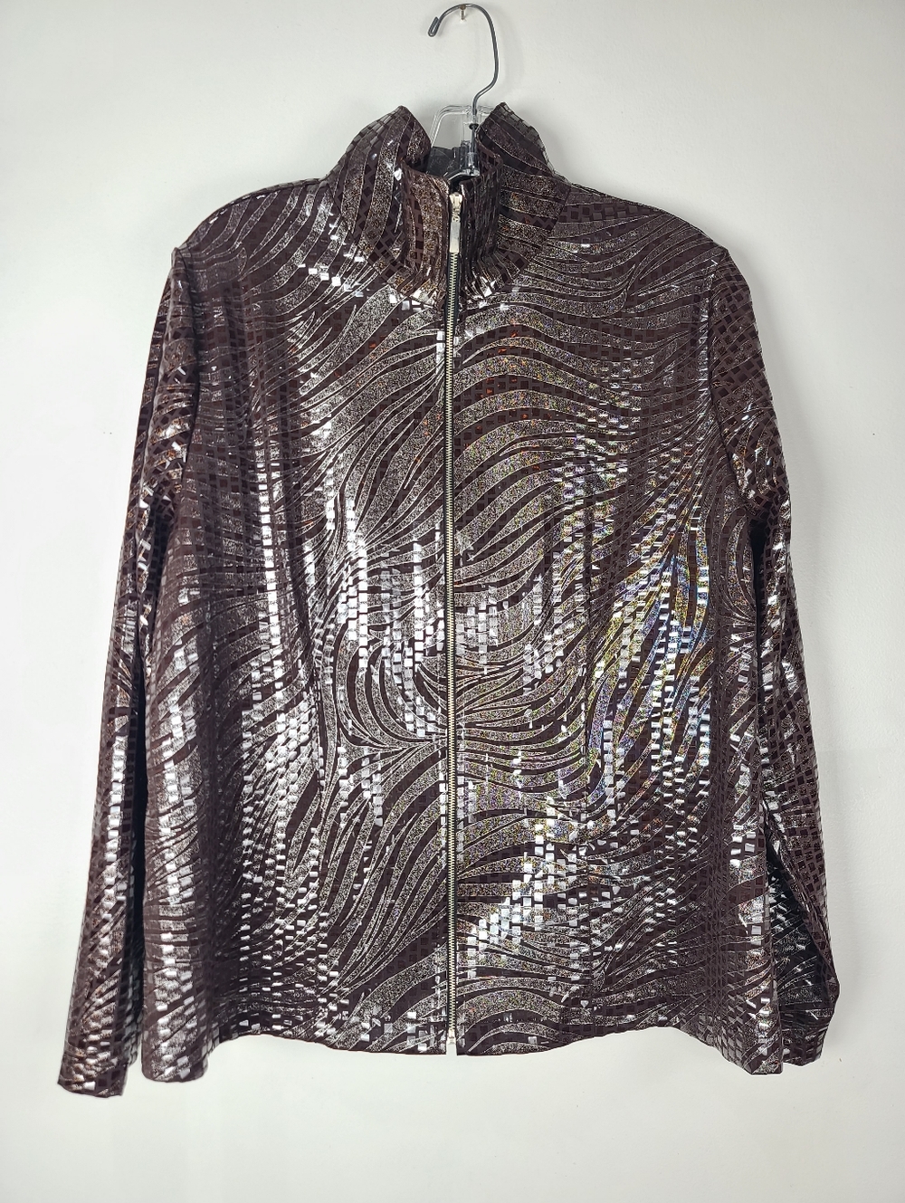 Misook Brown Patterned Shattered Glass Faux Sequin Full-Zip Lightweight Jacket L - Picture 2 of 13